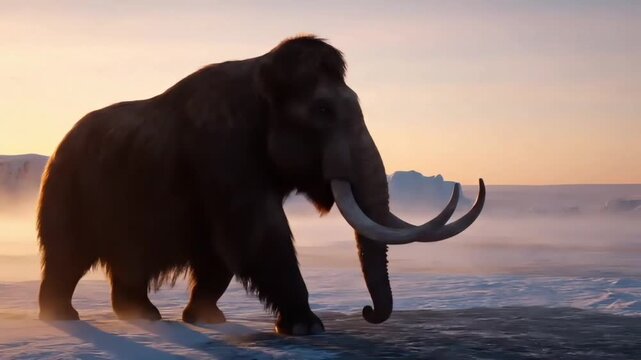 A large woolly mammoth walking on a snowy landscape with its tusks visible during a serene sunset or sunrise with warm colors.
