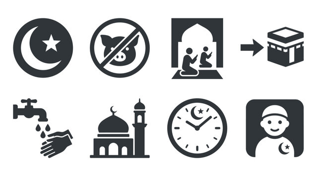 Islamic Icons Set Featuring Moon Star Mosque Kaaba Prayer Wudu Clock and Person. Vector Illustration. EPS Editable