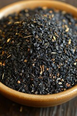 Selective focus. Hawaiian salt spice blend in ceramic bowl