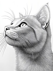 A hand-drawn adult coloring page featuring a cat illustrated with bold, well-spaced black and white lines. Detailed line art design created for relaxation, mindfulness, stress relief, and creative col