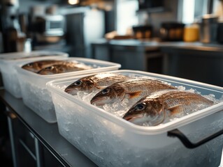 Selective focus. Large containers filled with ice and fresh fish ready for sale
