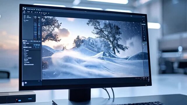 Modern computer workstation displaying a winter landscape scene, ideal for creative work.