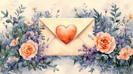 Romantic watercolor envelope with heart-shaped seal and floral decorations, symbolizing love letter or message for Valentine’s Day, weddings, anniversaries, greeting cards