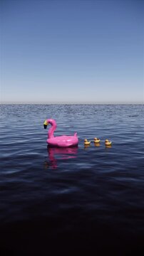 flamingo and duck floatie in the middle of the sea daylight animation 