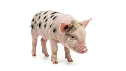 Adorable spotted piglet standing on a white background showcasing its unique black markings and curious expression