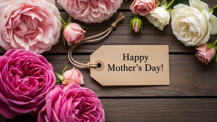 Beautiful pink and white roses with happy mother's day tag on wooden background