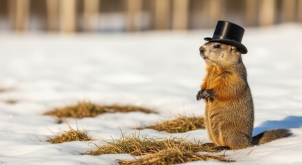A charming groundhog wearing a black top hat stands in a snowy winter field, anticipating spring for the Groundhog Day concept