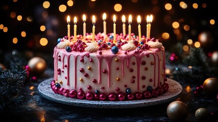 Festive pink birthday cake with candles