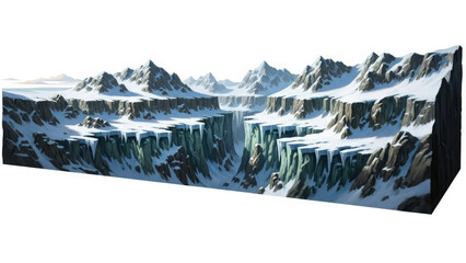 3d illustration of snow covered mountains with cliffs and valleys on white background with snowy mountains