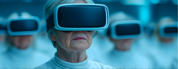 Senior woman wearing VR headset in a futuristic setting.
