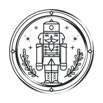 Traditional nutcracker soldier character in a festive circular frame with decorative elements rendered in a clean line art style ideal for seasonal greeting cards and winter event promotions