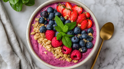 Colorful smoothie bowl topped with berries and granola on a marble surface.