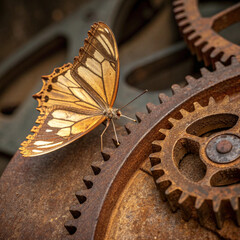 Butterfly Resting On Gears, Intricate Mechanical Detail