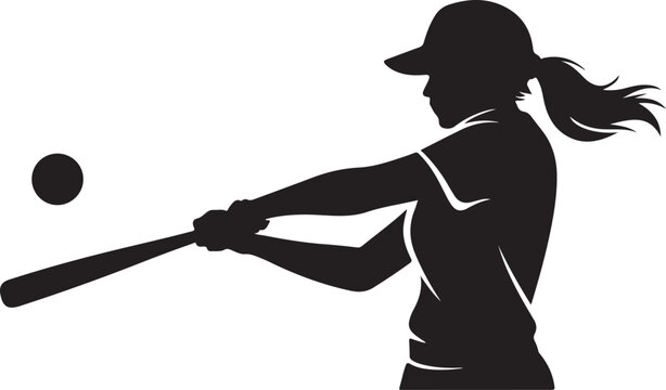 Silhouette of a female softball player swinging a bat at a ball