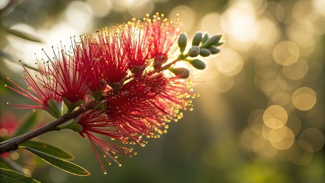 Vibrant red bottlebrush flowers in bloom with bokeh background