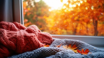 Autumnal window view with cozy blankets