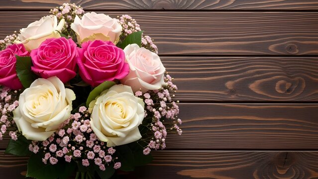 A bouquet of white and pink roses on a wooden background with baby's breath flowers - Powered by Adobe