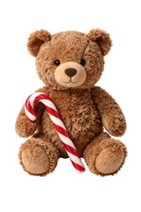 Obraz premium Brown teddy bear holding red and white candy cane.