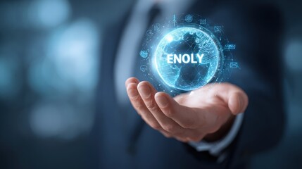Businessman holding a glowing globe with ENOLY text, representing global business and technology.