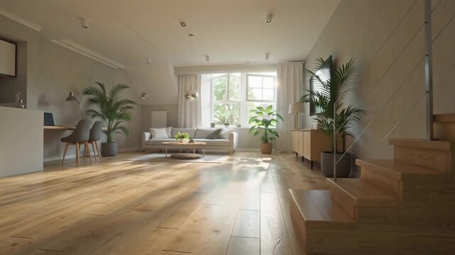 realistic 4K cinematic video modern finished basement living room, light hardwood floors, wooden stairs, white walls, minimalist furniture, green plants morning sunlight streaming small windows