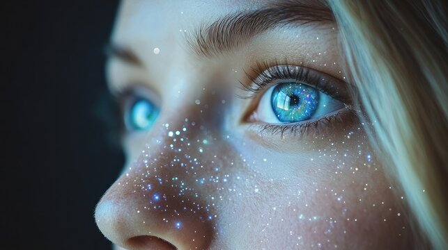 Close-up of a girl with ethereal, glowing eyes and face