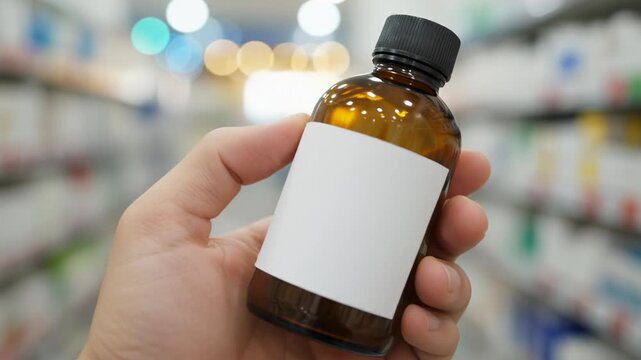Amber bottle blank label medicine pharmacy healthcare hand closeup mockup packaging liquid brown glass bottle blank label hand holding pharmacy aisle