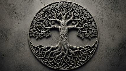 The intricate circular stone relief carving depicts the Celtic Tree of Life with its intertwining roots and branches.