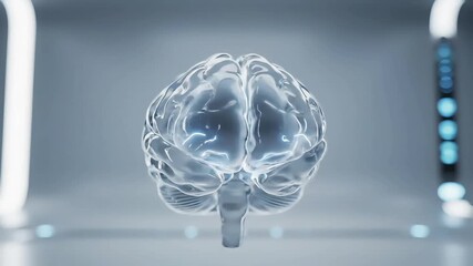 High-tech illustration of a transparent human brain with glowing neural connections on a futuristic gray background with blue accents.