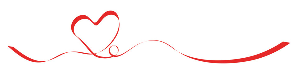 Continuous drawing of a heart in one line in the form of a red ribbon on a transparent background. Romantic design.  Vector illustration