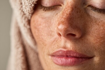 Obraz premium Close-Up Portrait Of Freckled Woman With Towel Wrapped Around Her Head, Calm Expression, Soft Skin, And Pink Lips For Skincare, Spa, And Natural Beauty Marketing