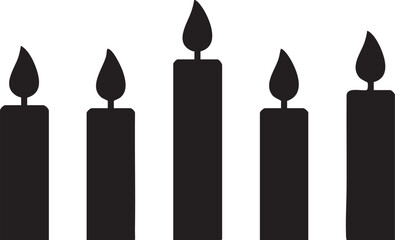 Obraz premium Row of Five Birthday Candles with Flames in Varying Heights Silhouettes isolated on white background