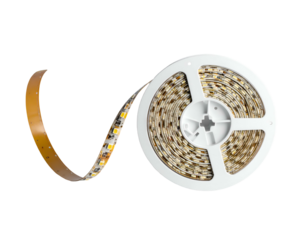 Flexible light strip wound on white reel, black background