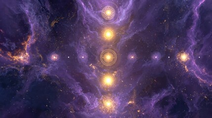 Cosmic Alignment Of Golden Orbs In A Purple Nebula With Circular Sigils And Stellar Glow