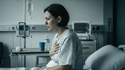 Young woman in hospital gown sitting on bed clutching chest in pain and distress