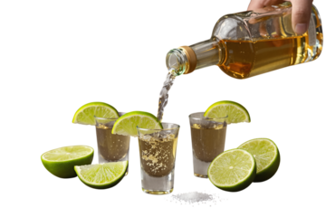 Tequila pouring into shot glasses with lime slices and salt