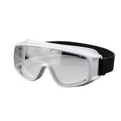 White protective goggles with clear lenses and black strap