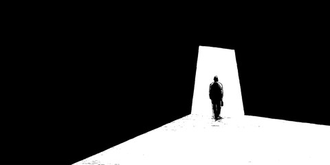 Silhouette of male walking into bright light through doorway in minimalist black and white scene