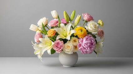 Beautiful bouquet of lilies roses tulips and peonies in a vase