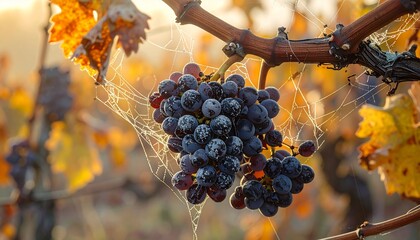 ripe purple grapes hanging on vine with spider web and dew drops during golden hour in autumn vineyard