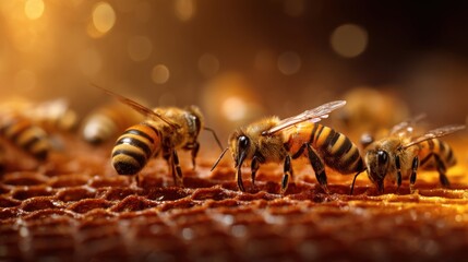 Naklejka premium Close-up View of Bees Working on Organic Honeycomb Cells in a Vibrant Apiary Setting