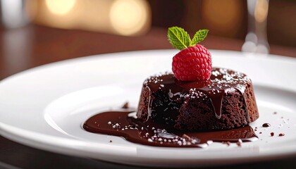 chocolate lava cake with molten center topped with fresh raspberry and mint leaf on white plate in restaurant setting