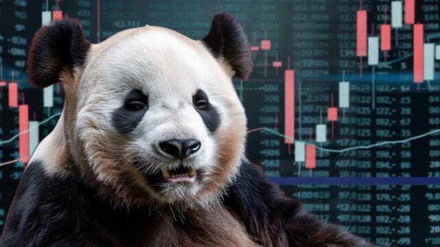 A close-up of a panda with a surprised expression against a backdrop of stock market charts and graphs.
