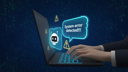 Businessman encountering system error on laptop in dark room