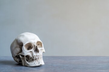 Skull placed on a grey surface in a well-lit room during daytime