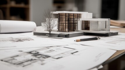 Modern Architectural Concept Model with Detail Plans and Scaled Representation on Table Surface