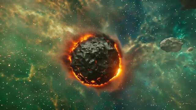 Cinematic fiery explosion ring erupting from rocky alien planet surface, molten lava bursts, glowing cracks, sparks and ash clouds, colorful cosmic nebula sky, dramatic lighting, sci-fi cinematic