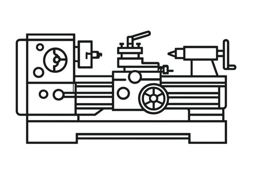 Lathe Machine Outline Vector: Precision metalworking for turning, drilling, shaping. Line art diagram. Mechanical engineering, manufacturing. Headstock, tailstock, carriage, tool post.