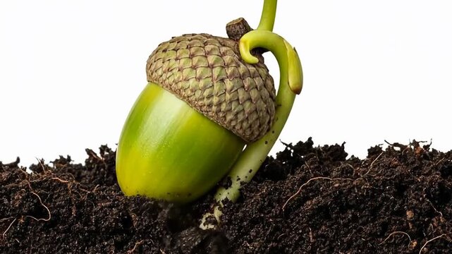 Young Acorn Seedling Emerging From Rich Soil After Germination.