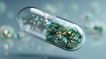 futuristic medical capsule with glowing microchips, digital biotech health concept, transparent pill with electronic components and neon lights