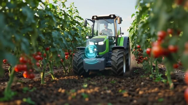 Futuristic autonomous tractor driving down tomato field rows, ripe red tomatoes foreground, augmented reality holographic data overlays showing plant health yield, cinematic wide close-up shots